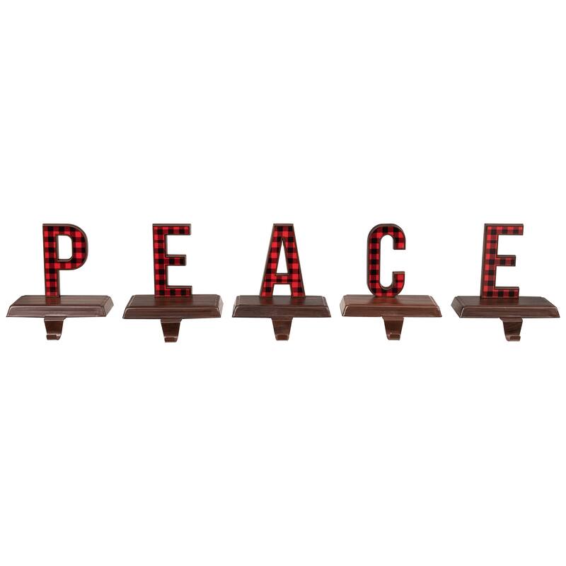 Set of 5 Red Black Buffalo Plaid "PEACE" Christmas Stocking Holder 6"