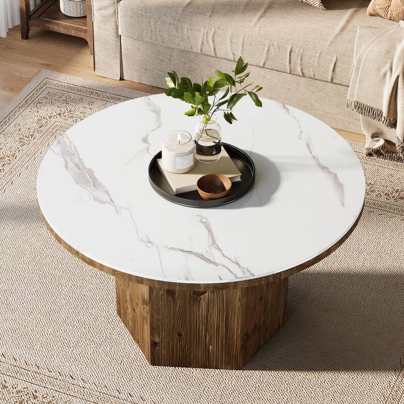Round Coffee Table with Sintered Stone Top and Solid Wood Base