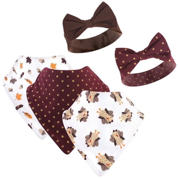 slide 1 of 1, Hudson Baby Infant Girl Cotton Bib and Headband Set 5pk, Girl Turkey, One Size - Girl Turkey - One Size One Size - Girl Turkey