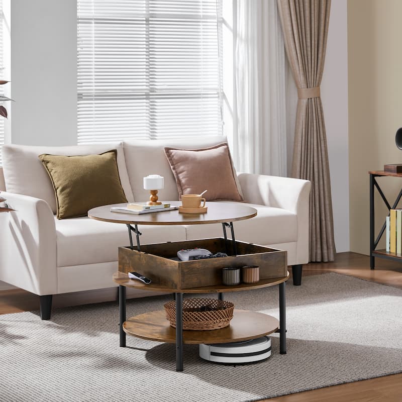 Yaheetech Round Lift Top Coffee Table with Hidden Compartment & Storage Shelf - Rustic Brown