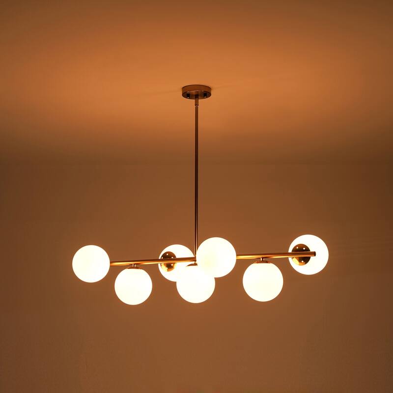 7-Light Mid-Century Modern Gold/Black Sputnik Metal Island Lights with Opal Glass Globe Shades for Kitchen, Dining Room