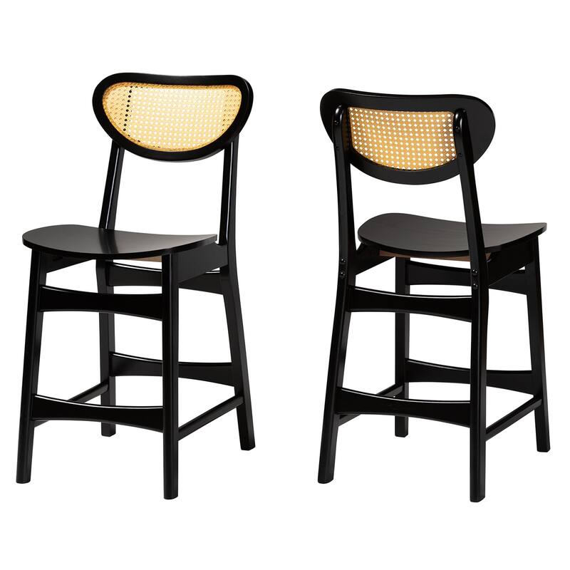 Hesper Mid-Century Modern Wood and Rattan 2-Piece Counter Stool Set - Dark Brown, Light Brown