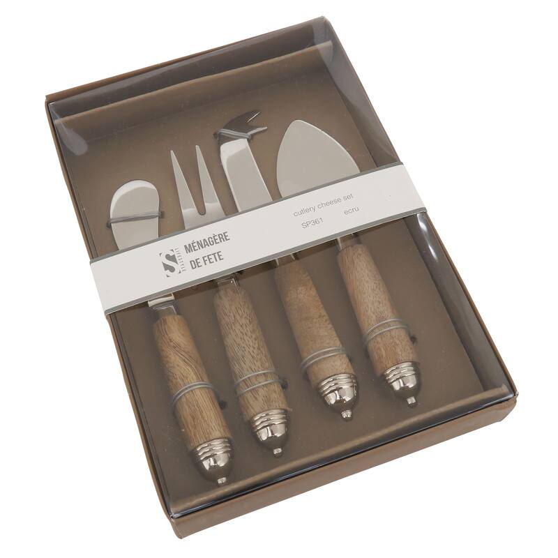 Natural Bark Wood Style Handle Cheese Knife Cutlery - Set of 4