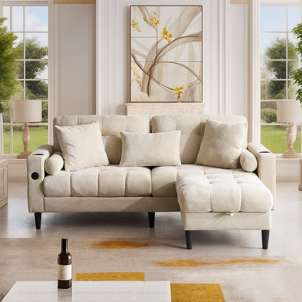 3-Seat L-Shaped Chenille Sofa with Storage Ottoman, USB-C Ports