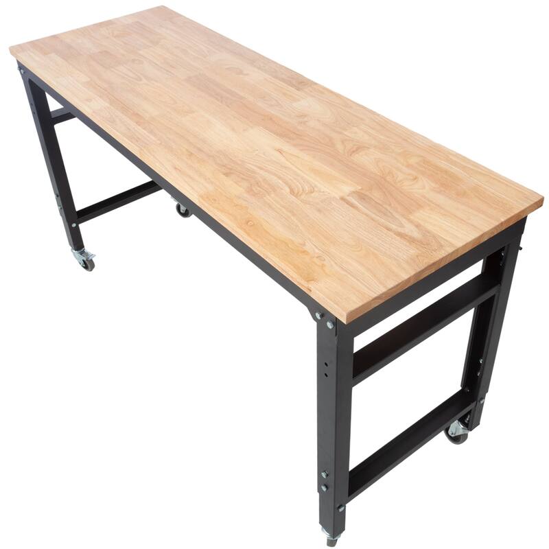 60" Rolling Workbenches with Rubber Wood Top and Adjustable Height