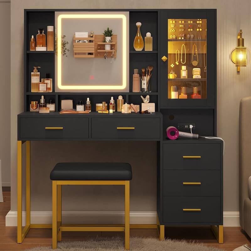 Makeup Vanity with Stool Charging Station Jewelry Storage RGB Lights 5 Drawers Shelves