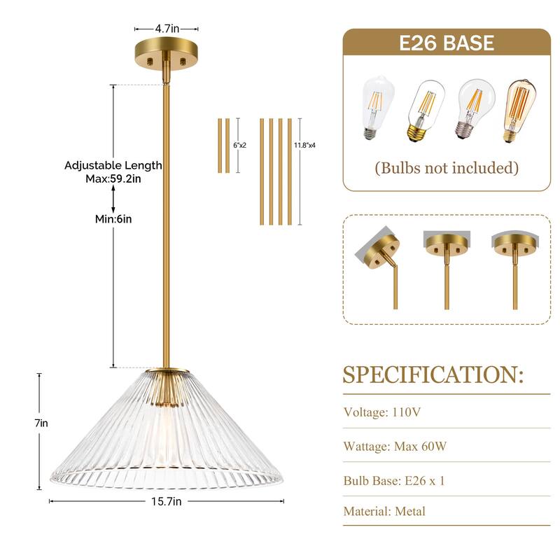 LamQee 1 -Light Metal Cone Pendant Light Adjustable Hanging Lighting - 15.7inch