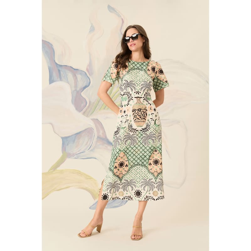 Maggy London Boatneck Short Sleeve Sheath Midi Dress With V Back And Back Zipper