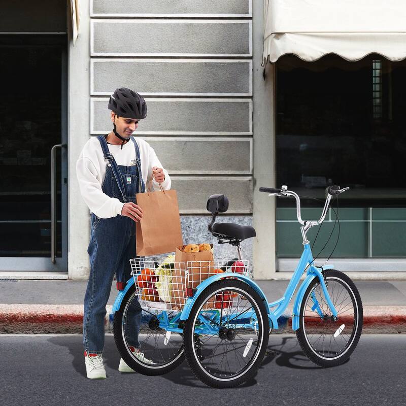 Blue Carbon Steel Tricycle with Basket, Comfort Seat and Stable Ride - 64.2” L x 25.8” W x 40.2” H