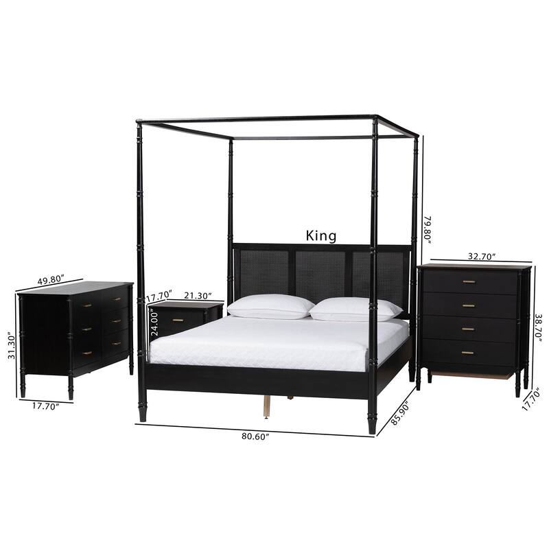 Marisela 4-Piece Black Bedroom Set - Canopy Bed with Synthetic Rattan Headboard, Matching Dresser, Chest, and Nightstand