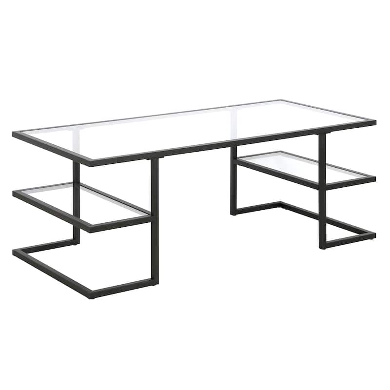 Sleek 47 Inch Rectangular Coffee Table with Glass Top and Steel Frame 2 Shelves for Storage - 47"L x 22"W x 18"H - Black