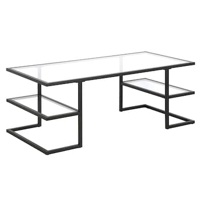 Sleek 47 Inch Rectangular Coffee Table with Glass Top and Steel Frame 2 Shelves for Storage - 47"L x 22"W x 18"H