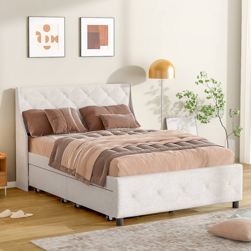 Queen Size Metal Platform Bed with Storage Headboard, Silent Mattress Foundation, No Box Spring Needed