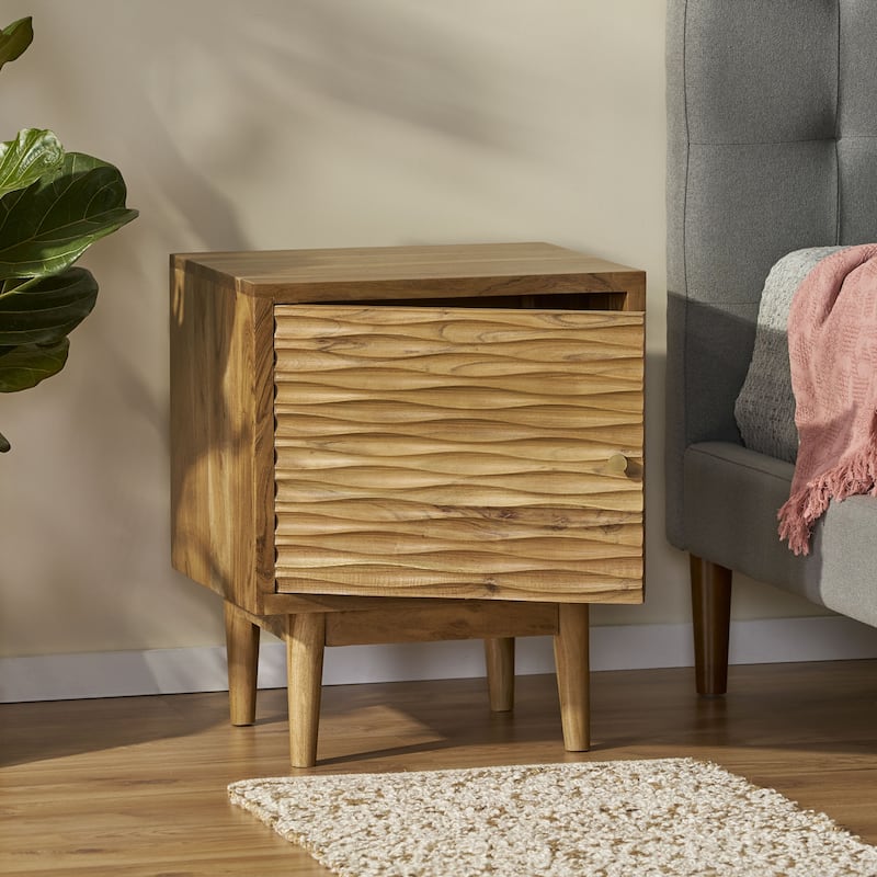 Roomfitters Mid Century Modern Bedside Table, Solid Wood Nightstand with Textured Door and Tapered Legs, Natural - Natural