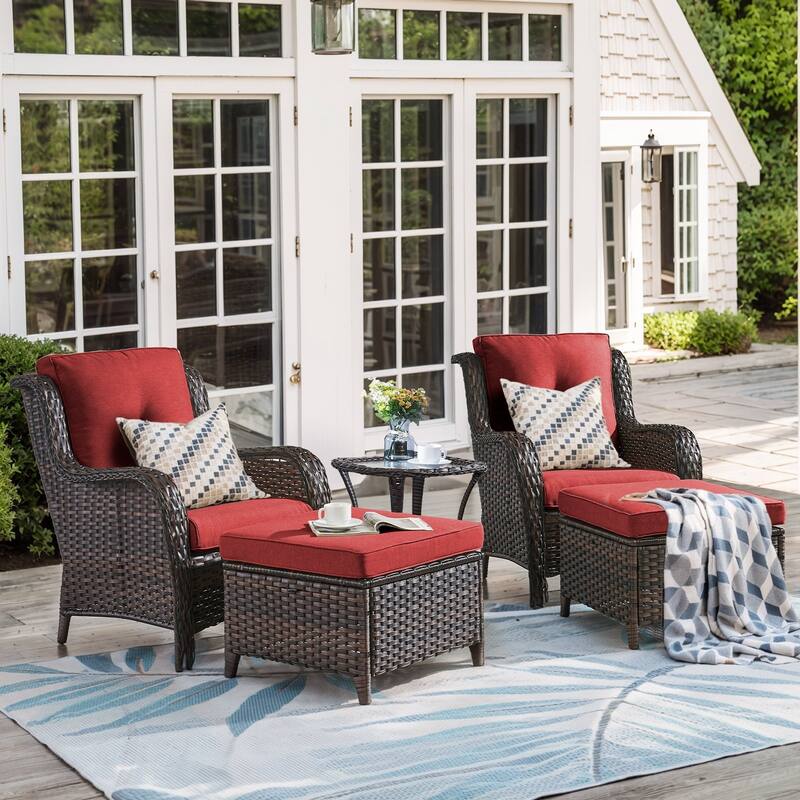 Outdoor Rattan Chair with Coffee Table and Ottoman - 5PCS - Patio Chair w/ Ottoman Table - Brown Rattan - Red Cushion
