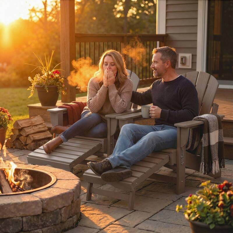 Outsunny Folding Adirondack Chair Set of 2, Outdoor HDPE Fire Pit Chair with Retractable Ottoman - Brown