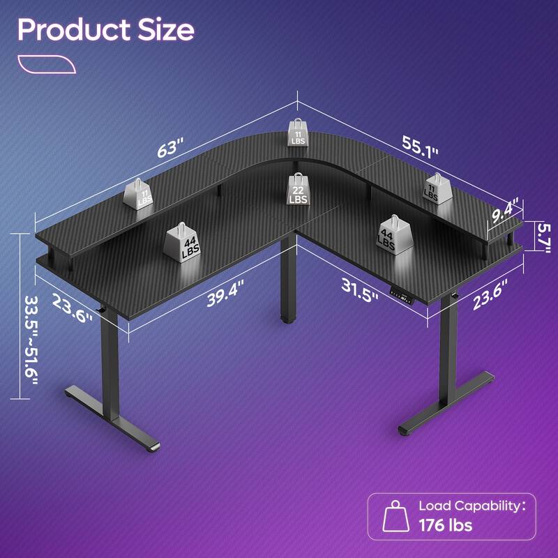 63" L Shaped Standing Desk Gaming Desk with Adjustable Height Ergonomic Monitor Stand Corner Desk