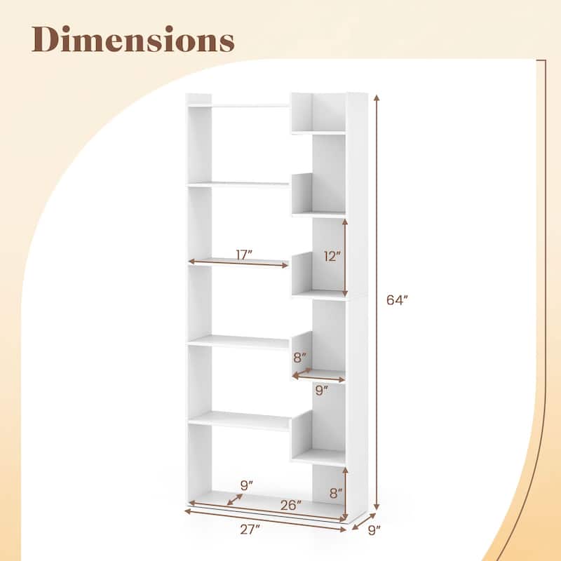 Engineered Wood 11-Shelf Bookcase with Anti-Tip Kits and Floor Pads - 27" L x 9" W x 64" H