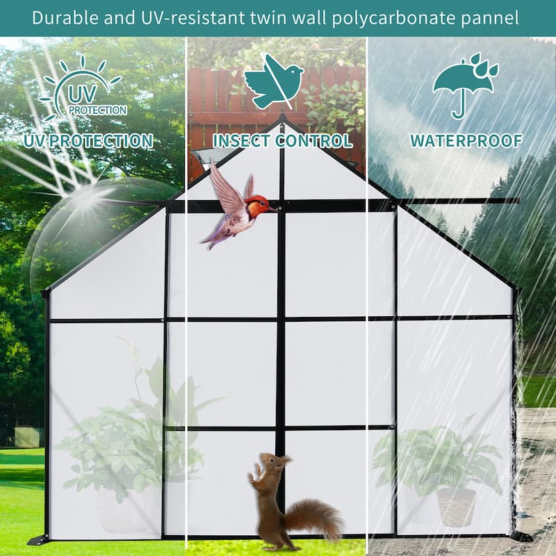 8x10FT Double Door Polycarbonate Greenhouse Raised Base and Anchor Aluminum Heavy Duty Walk-in Greenhouses for Outdoor Backyard