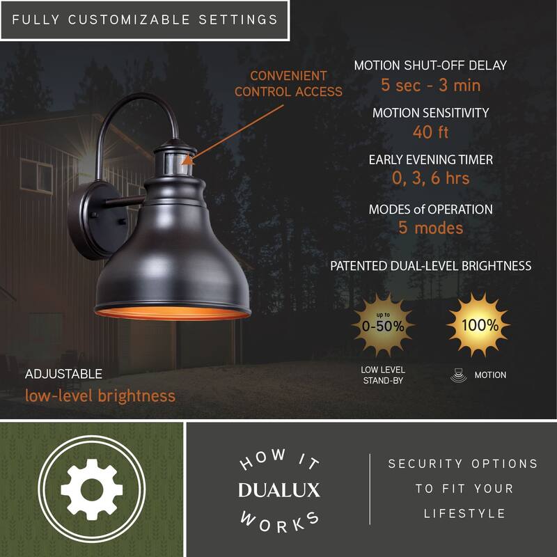 Delano Bronze Dusk to Dawn Outdoor Wall Light - 9-in W x 13.25-in H x 11.25-in D