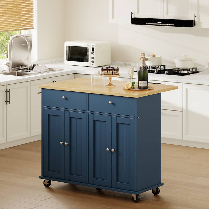 Kitchen Storage Island with 2 Drawers & Extendable Countertop - Rolling Storage Cart with Towel Rail, Lockable Wheels - Blue/Yellow