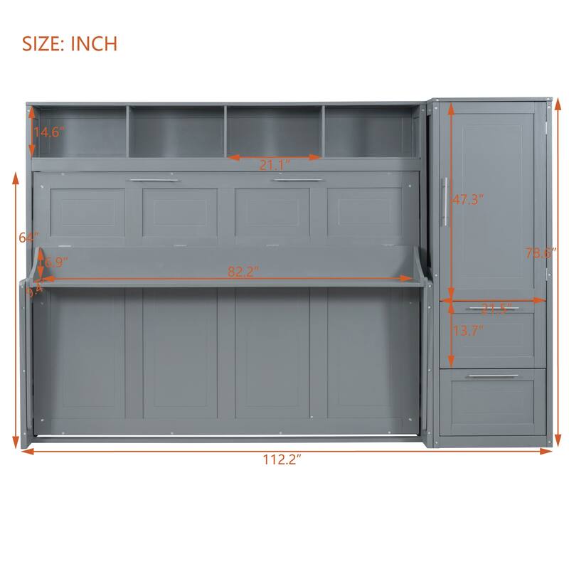 Queen Size Murphy Bed Frame Storage Murphy Bed Space-Saving Wall Bed with Wardrobe and 2 Drawers, No Box Spring Needed, Grey