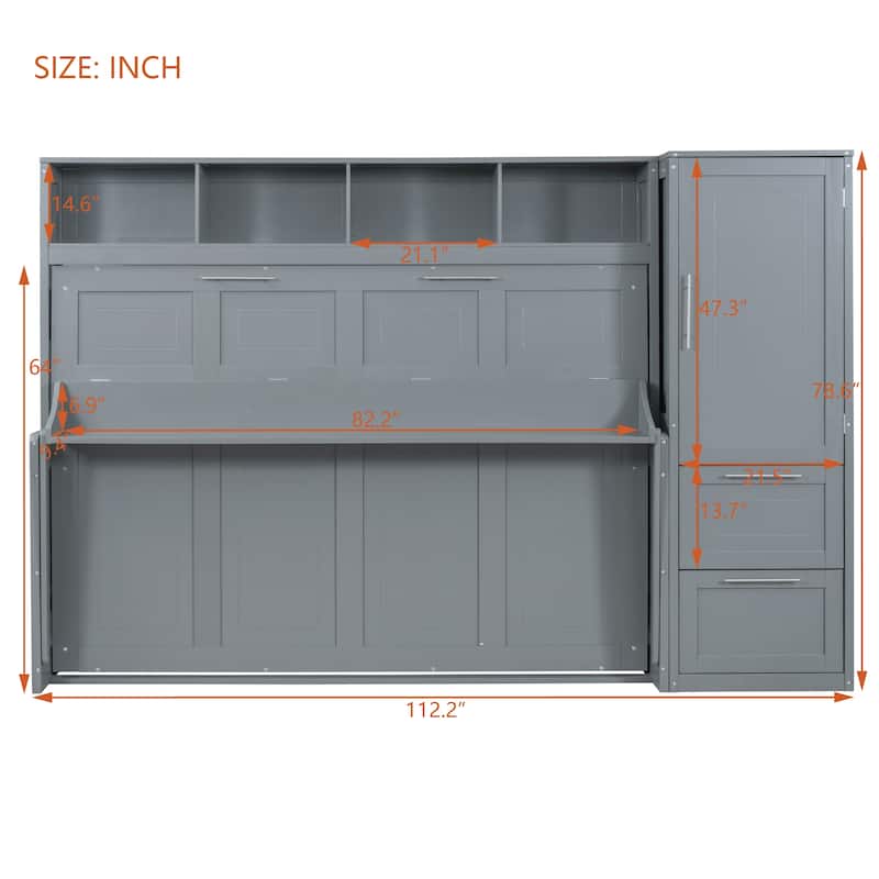 Queen Size Murphy Bed Wall Bed with Closet and Drawers