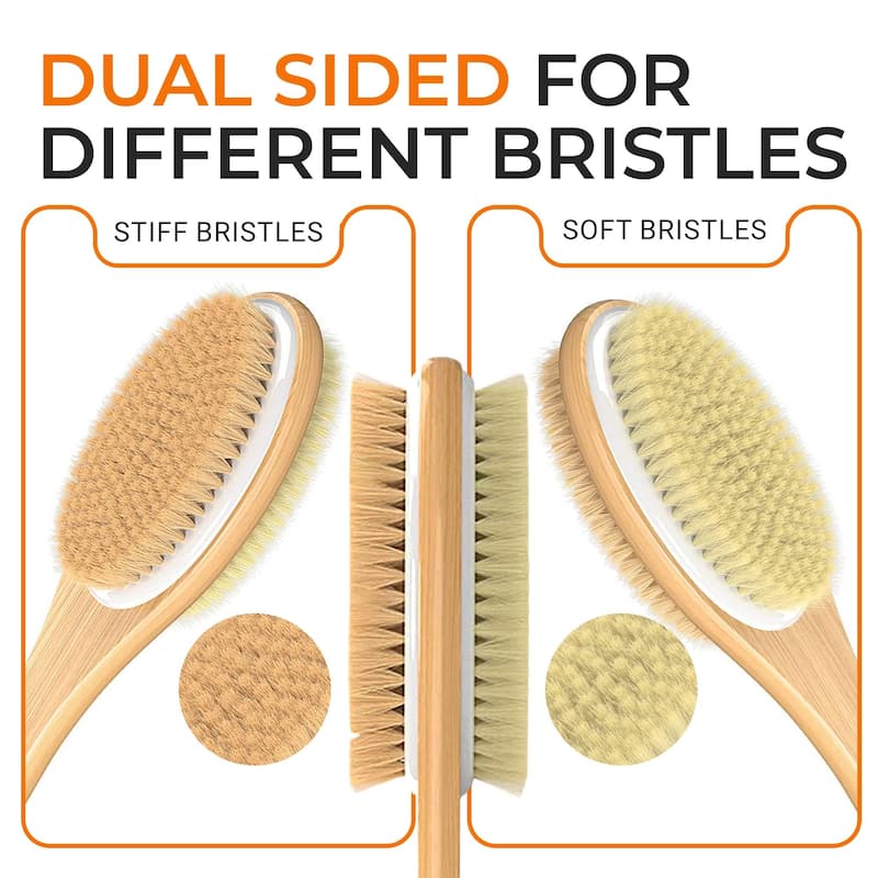 Cheer Collection Dual Sided Shower Brush Long Handle Lotus Wood 17.1 Inch Body Brush with Soft and Firm Bristles