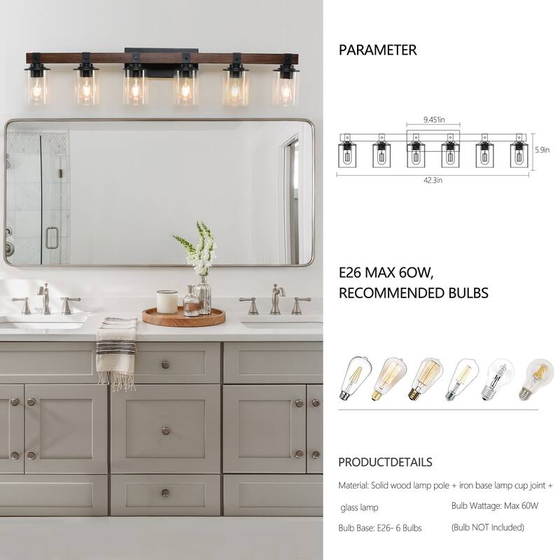 42" Rustic 6-Light Vanity Light, Industrial Bathroom Wall Sconce with Glass Shades and Wood Accent (No Bulbs) - Walnut