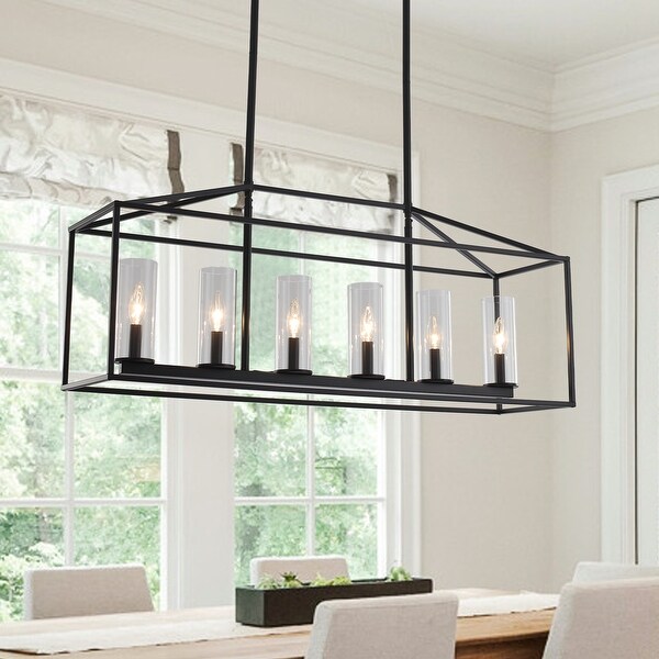 6 Light Industrial Chandelier Square Rectangle Pendant with Clear Glass for Kitchen Island Dining Room N A Black