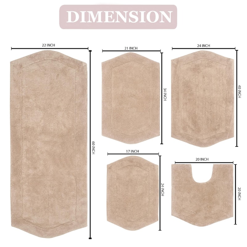Waterford Collection 100% Cotton Non-Slip Bathroom Rug Set, Machine Washable Bath Rug, 5 Piece Bath Mat Set with Contour