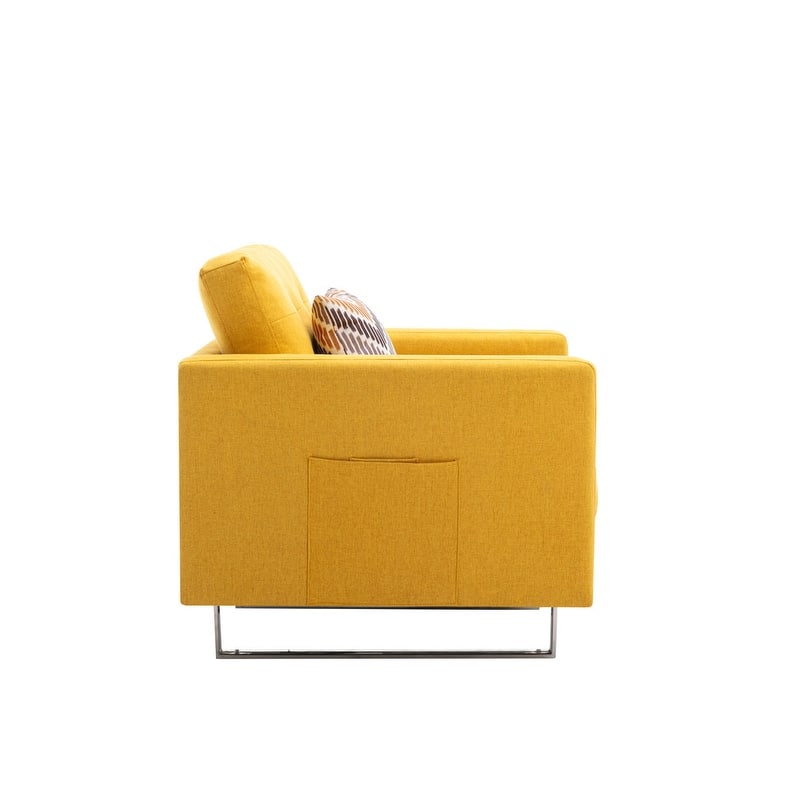 33.5" Linen Fabric Armchair with Metal Legs, Side Pockets, and Pillow