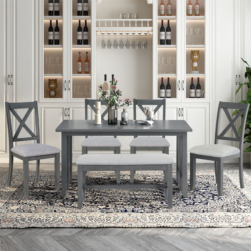 6 Pcs Dining Room Table Set with Foldable Table, Solid Wood Kitchen Dining Table Set with Bench and 4 Upholstered Chair