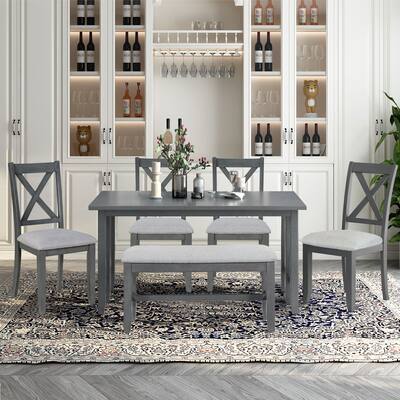 6Pcs Family Dining Set Solid Wood Foldable Table & 4 Chairs with Bench