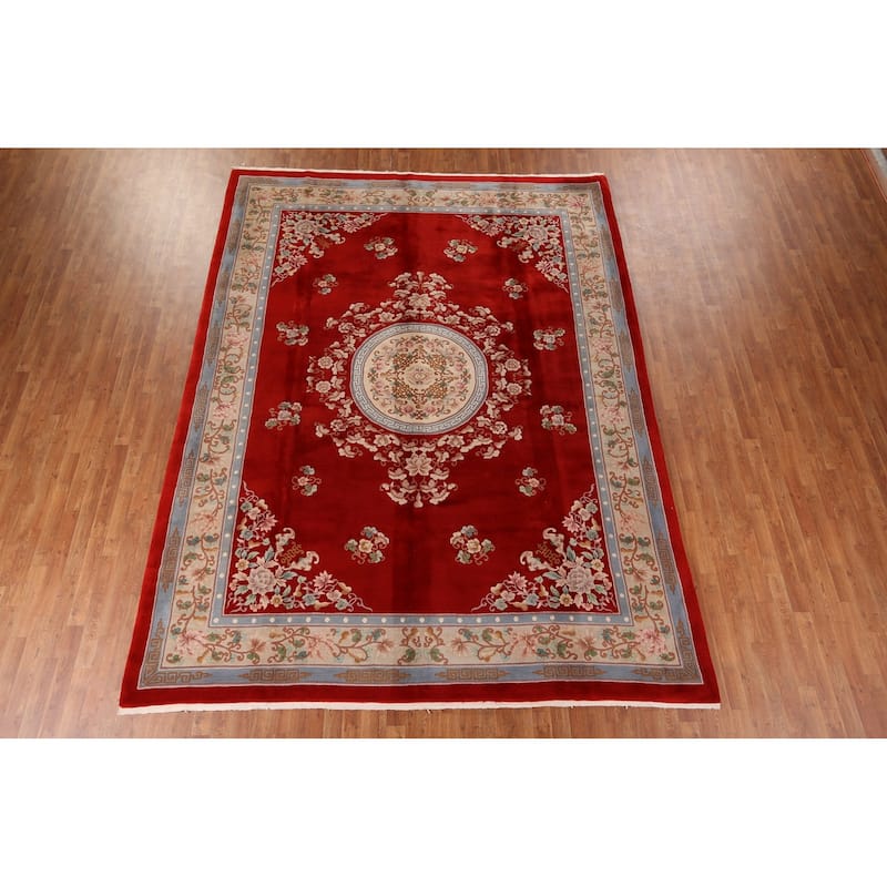 Red Art-Deco Chinese Vintage Area Rug Handmade Wool Carpet - 9'0" x 12'0"