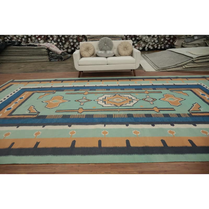 Hand Woven Oriental 100% Wool Carpet Southwestern Tribal Green Kilim Area Rug - 16' 6'' X 10' 0''