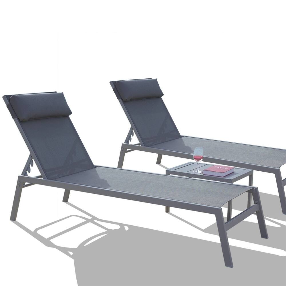 5 Adjustable Steel Outdoor 2 Chaise Lounge Chair with Pillow and 1 Table in Blue - N/A