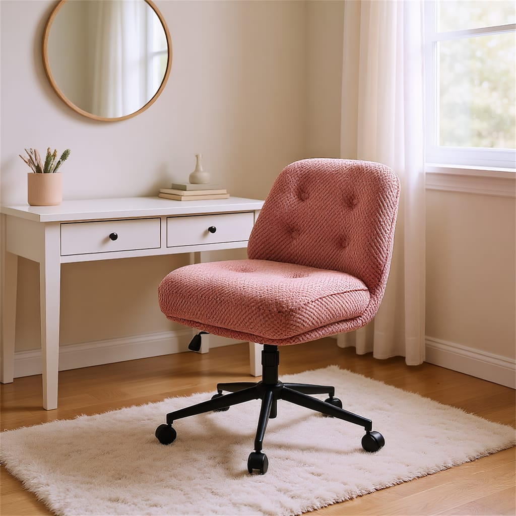 Pink Ergonomic Office Chair with Wide Thickened Seat, Crossed Legs and Wheels