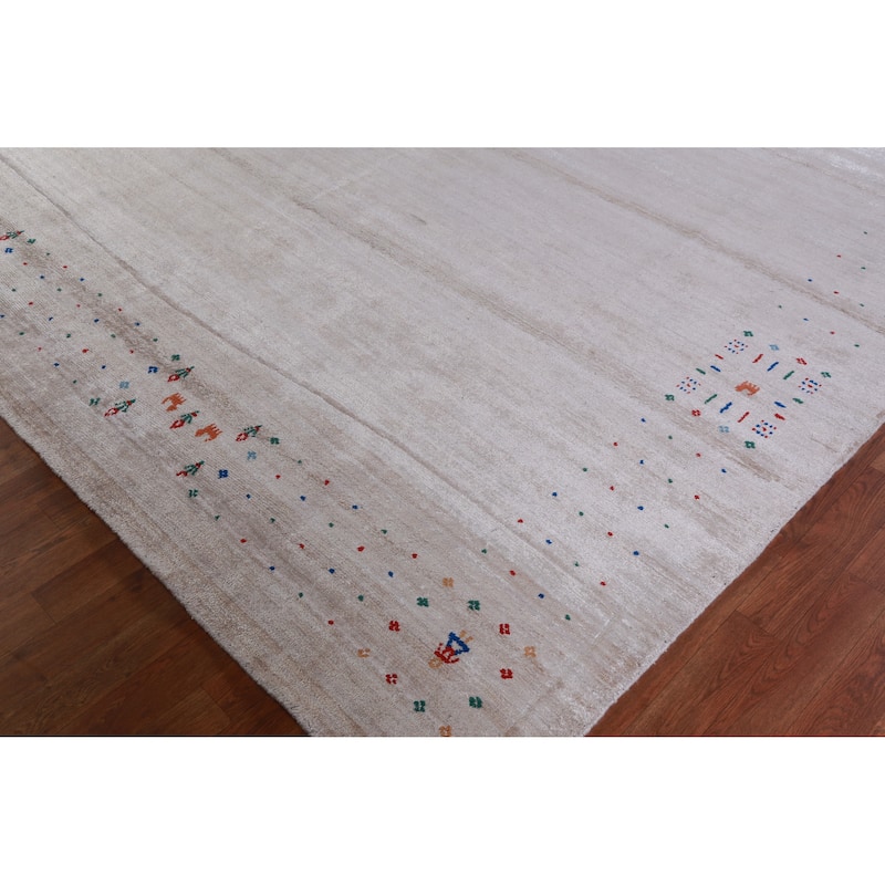 Silver Gray Gabbeh Oriental Area Rug Hand-Knotted Tribal Silk Carpet - 9'3" x 12'4"