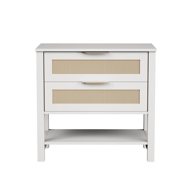 Rattan Nightstand with 2 Drawers and Storage Shelf Boho Bedside Narrow Side Table for Bedroom - White