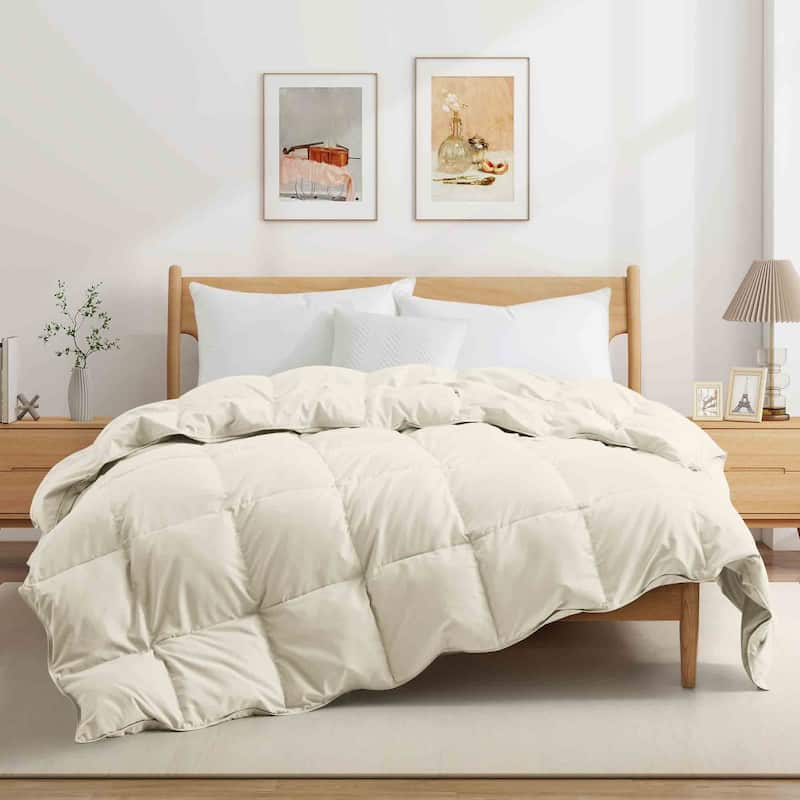 All Season Lightweight & Medium Weight White Goose Feather Down Comforter Duvet Insert - Full - Queen - Lightweight Cream