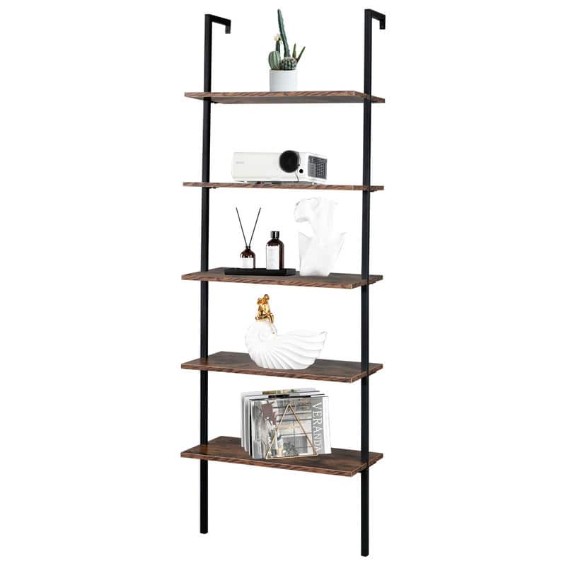 5-Shelf Wood Ladder Bookcase with Metal Frame Wall Mount Book Shelf