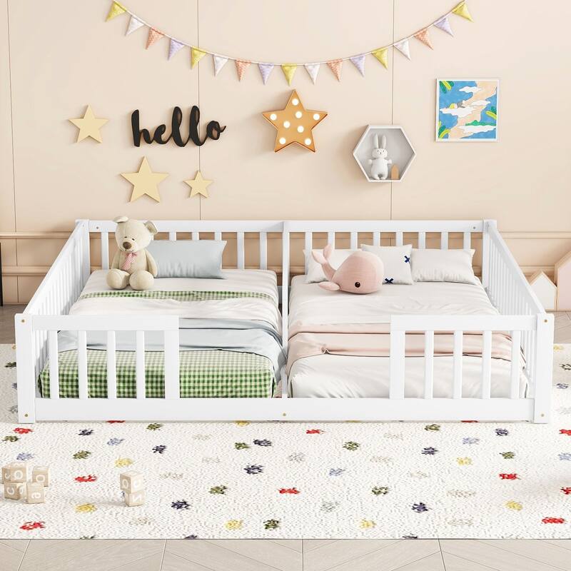 Twin/Twin Floor Bed with Guardrails, Sturdy Pine Wood Frame, Ideal for Kids & Shared Bedrooms