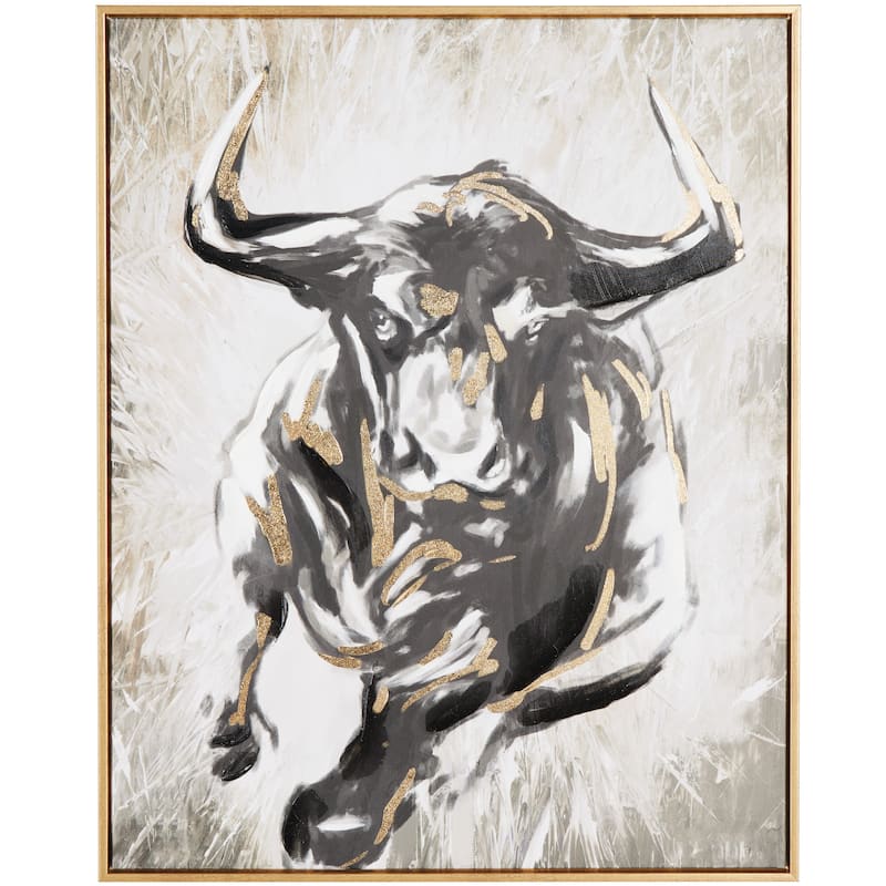 Polystone Bull Shaded Running Framed Wall Art with Cream and Gold Foil Accents - Gold - Roche River Decor