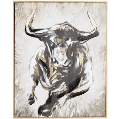 Polystone Bull Shaded Running Framed Wall Art with Cream and Gold Foil Accents - Gold - Roche River Decor