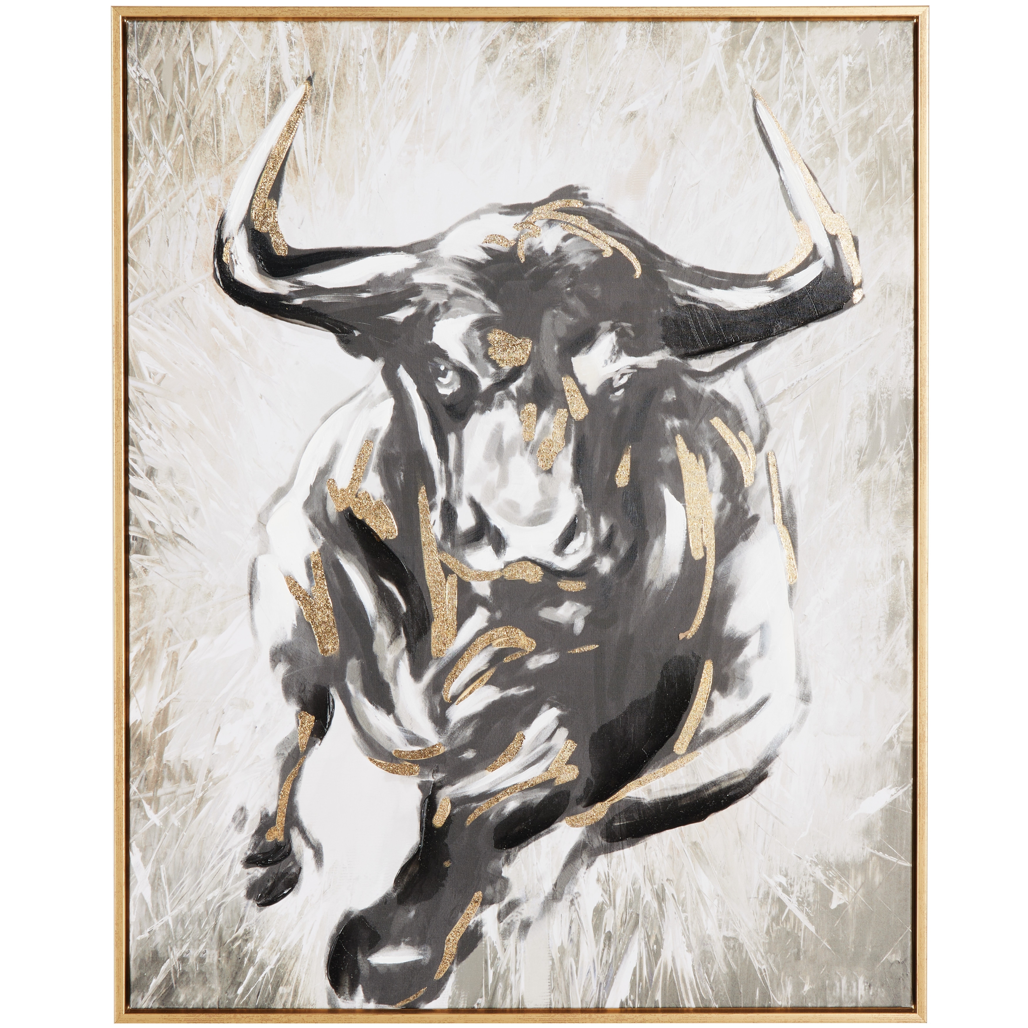 Polystone Bull Shaded Running Framed Wall Art with Cream and Gold Foil Accents - Gold - Roche River Decor