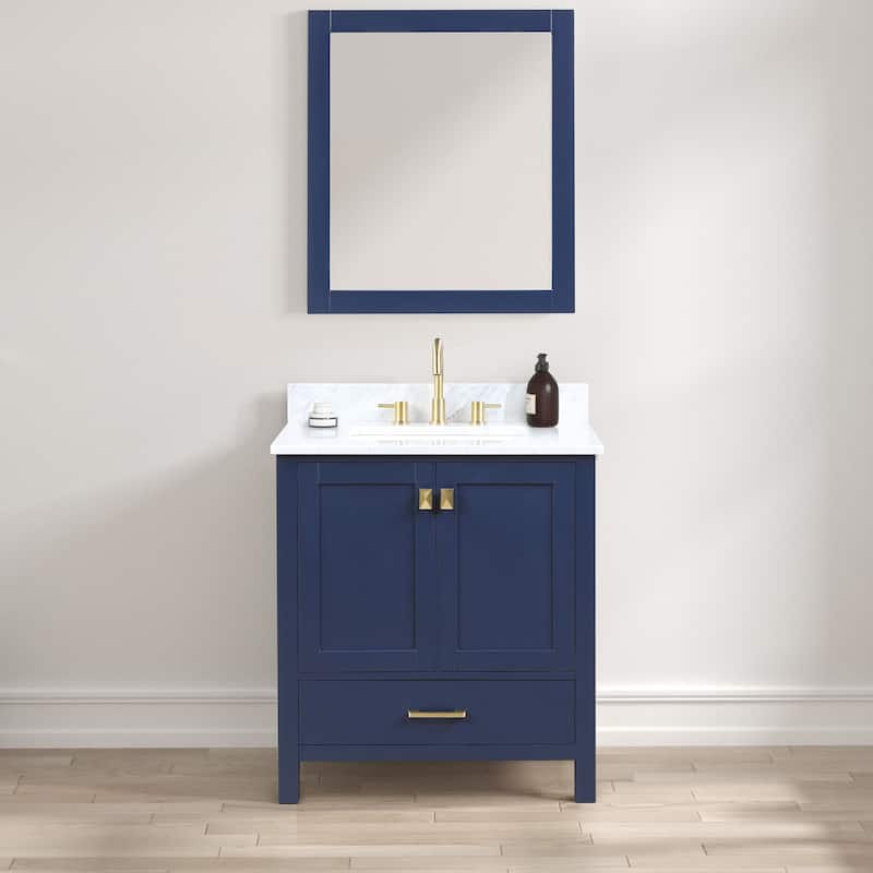 Blossom Geneva 30" Bathroom Vanity with Marble Top, Sink & Mirror - Navy Blue