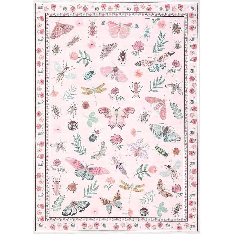Floral Insect Print Washable Area Rugs for Living Room, Modern Non Slip Low Pile Area Rug
