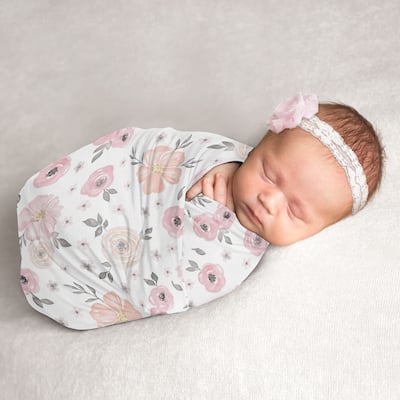 Watercolor Floral Collection Girl Baby Swaddle Receiving Blanket - Blush Pink, Grey and White Boho Shabby Chic Rose Flower
