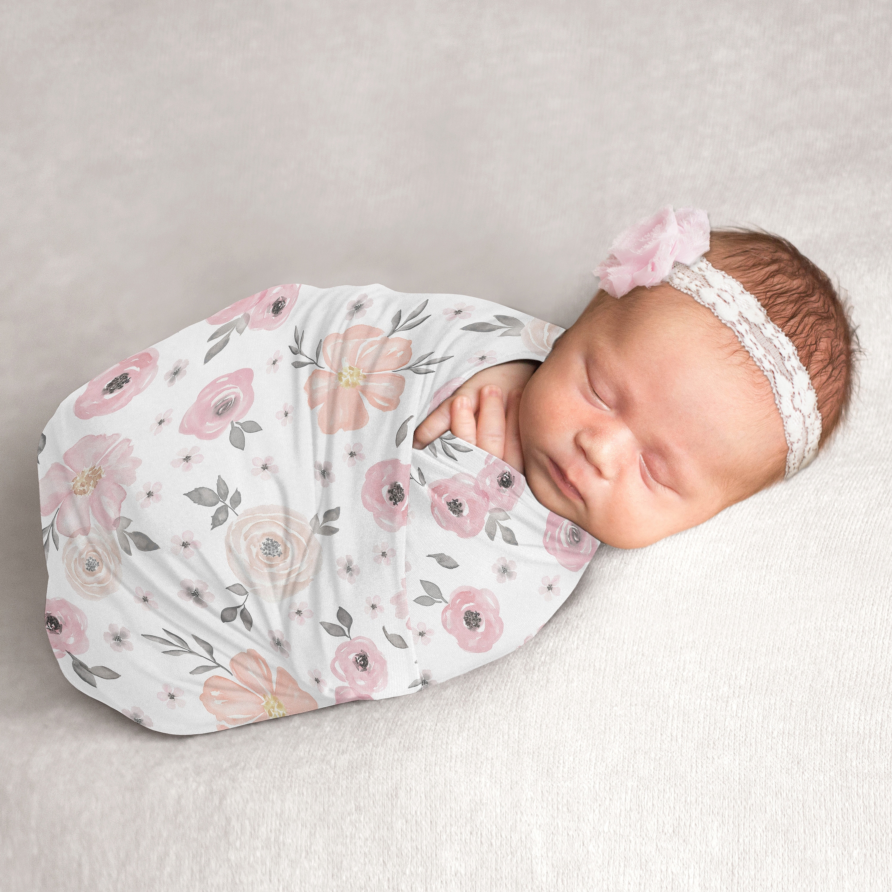 Sweet Jojo Designs Watercolor Floral Baby Girl Swaddle Blanket Jersey Stretch Knit For Newborn Or Infant Receiving Security Blush Pink Grey And Whi